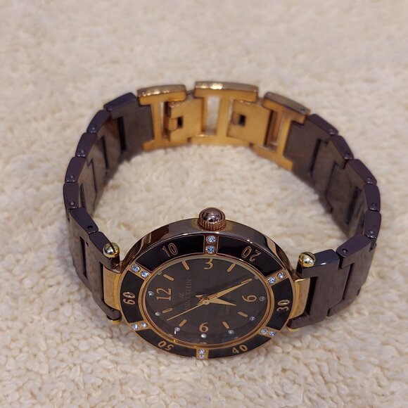 NIB ANNE KLEIN ROSE GOLD TONE BROWN CERAMIC WATCH WITH SWAROVSKI CRYSTALS - Picture 7 of 15